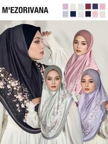 Lenço Hijab elegante em poliéster com estampa floral e de trevo (1 peça), moderno para uso diário e para orações, ideal para o outono/inverno. - Estampa de perfuração a quente da moda - Ver 1