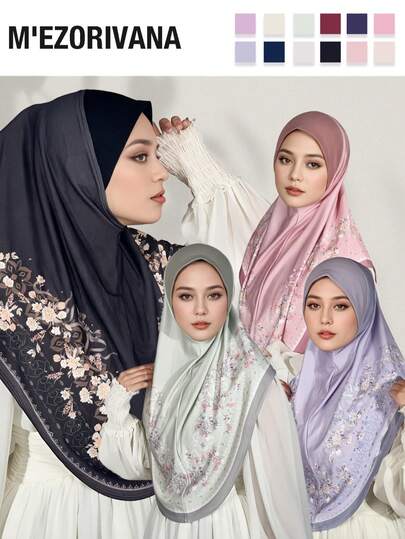 1pc Floral & Clover Print Elegant Polyester Hijab Scarf, Fashionable For Daily Wear And Prayer, Autumn/Winter For Dress