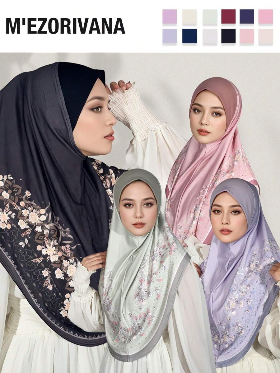 Lenço Hijab elegante em poliéster com estampa floral e de trevo (1 peça), moderno para uso diário e para orações, ideal para o outono/inverno. - Estampa de perfuração a quente da moda - Ver 1