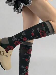 1 Pair Retro French Style Calf-Length Socks With Rose Embroidery, Elegant And Slimming, Suitable For Early Autumn