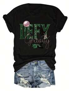 1PC Women's Printed Style Wicked-Inspired "Defy Gravity" Short Sleeve Tunic T-Shirt - Printed Style-Casual Round Neck Relaxed Fit With Wizard Of Oz Dorothy &  Print, Machine Washable All-Season Comfort For Themed Events & Casual Attire (No Lacing Detail) - Stylish Beige With Green Lettering & Pink Bow Accent, Soft Fabric For Layering Or Standalone Wear, Iconic Movie-Inspired Design, Half Sleeve T Shirts For Women, Fitted Long Sleeve Top, Vintage Tshirt, Long Waist Shirts For Women,-Unisex Vintage Cotton Tee Black White - Loose Fit For American Music Festival Camping & ShowsWomen's Round Neck T-Shirt Lightweight Basic Fitted Tee For Everyday Loungewear - màu đen - Xem 6