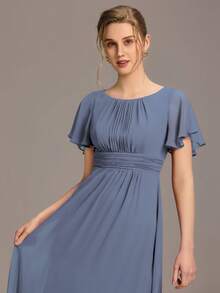 Women's Elegant Crew Neck Empire Waist Pleated Chiffon Maxi Bridesmaid Dress Formal Dress - Dusty Blue - View 7