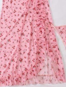 3pcs New Mesh Floral Print Lingerie Set Including Sheer Top, Long Dress, And Shorts - Pink - View 9