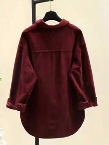 Áo sơ mi nhung kẻ nữ - Màu đỏ tía, cổ bẻ, tay dài, 100% polyester, có thể giặt máy, kiểu dáng thanh lịch, thường ngày, màu trơn phù hợp cho mọi mùa xuân. - Màu Đỏ Sâu - Xem 2