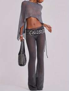 Women Sheer Poncho Shrug Lightweight See Through Knitted Mesh Shawl Y2k Asymmetrical Poncho Tops Cover Ups - 銀色 - 查看 6