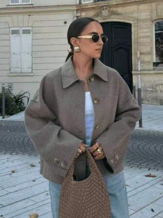 GMFP 女士秋冬纯色休闲优雅女式衬衫 宽松落肩前开襟卡其色羊毛圣诞外套