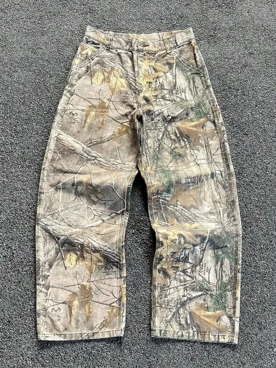 Men's Washed Camo Pants, Tree Pattern Jeans With Ripped Details & Wide ...