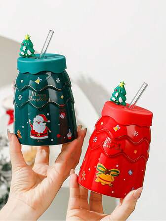 1套450ml圣诞树陶瓷吸管杯+杯盖 优质礼品杯 卡通情侣杯 牛奶杯 咖啡杯 创意异形礼品杯套装