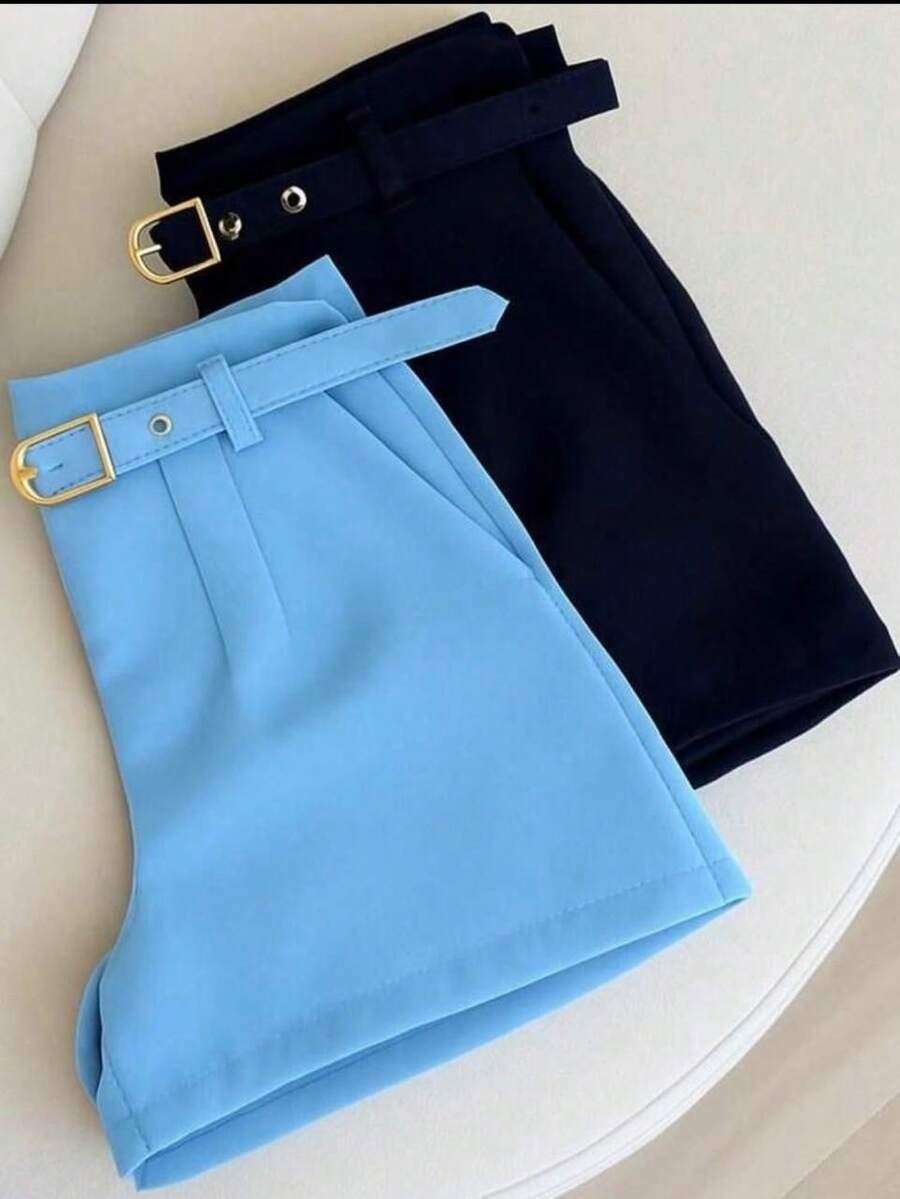 KIT 2 Women's Tailored Shorts With Covered Belt Summer  2026 - 黑色-淡藍色 - 查看 1