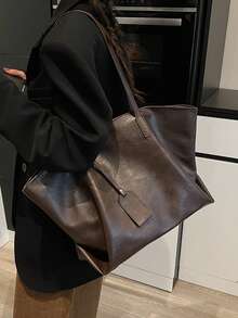 时尚简约大容量撞色拉链开合女士手提包，休闲百搭，适合日常使用、通勤、工作、学校、学习 - 咖啡 - 查看 2