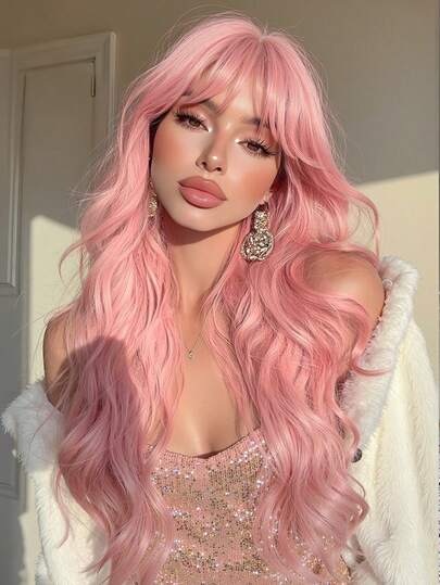 1pc 26 Inch Long Curly Synthetic Wig With Bangs, Pink, Suitable For Women's Daily Wear, Can Be Used For Cosplay, Parties, Gatherings, Festivals, Also Makes A Great Gift For Women