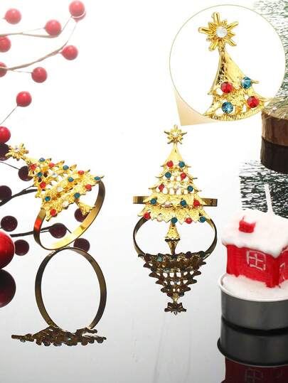 1/2/6/12pcs Christmas Napkin Rings, Gold Christmas Tree Metal Napkin Holder With Red Rhinestone,Reusable For Xmas Holiday Party Dinner Wedding Table Decoration,Holiday Table Settings, Christmas Gifts, Christmas Party Holiday Supplies,Christmas Decorations,Christmas Decor