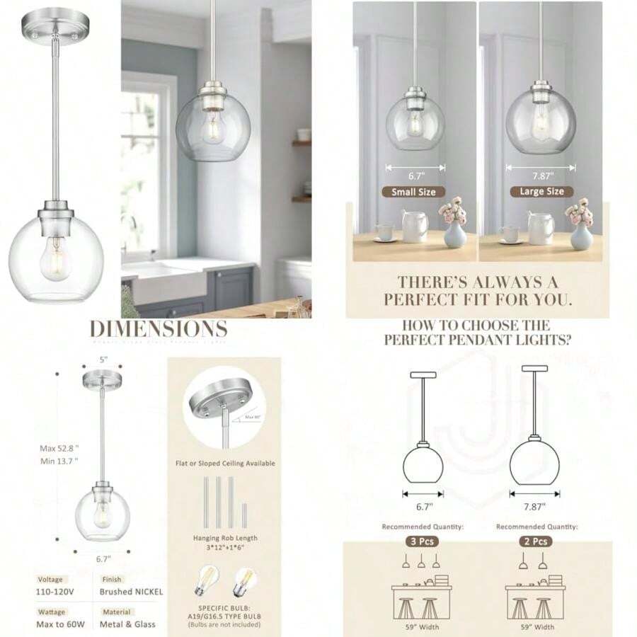 JAZAVA PL101BK - Lámpara colgante negra mate, diseño de globo de mediados de siglo con vidrio transparente para cocina, isla, comedor, recámara, vestíbulo (1 unidad), color negro mate(Níquel cepillado + vidrio transparente) - Tipo 1 - Ver 1