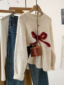 蝴蝶结针织套头衫，罗纹圆领可爱女式毛衣，秋季 - 米色 - 查看 3