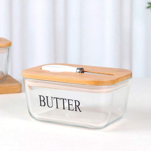 1pc 850ml/28oz Rectangular Glass Butter Dish With Bamboo Lid, Cheese Storage Box, Butter Storage Container With Butter Knife, Silicone Seal Ring, Suitable For Hotel, Restaurant, Home Kitchen Butter Preservation