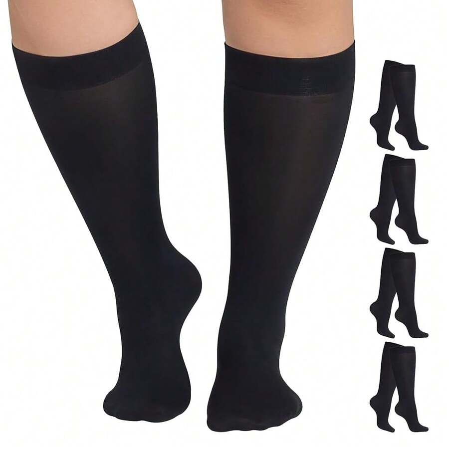 MANZI Plus Size Knee High Socks For Women Nylon Trouser Socks Women 40 Denier Semi Opaque Knee High Stockings{"Size_name":"X-Large-XX-Large","Color_name":"Black*4"} - 黑色*4 - 查看 1