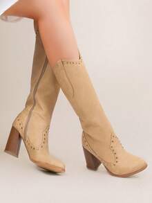 Bota Vaquera Cowgirl,Botas occidentales de moda de tacón grueso con cremallera lateral y puntera puntiaguda bordada para mujer, botas medianas de un solo color | Botas Chelsea de mujer - Caqui - Ver 15