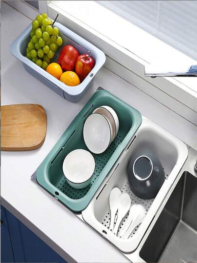 Cesta de drenaje telescópica para fregadero, rejilla de drenaje de doble capa de gran capacidad que se puede colgar en la cocina, cesta de almacenamiento multifuncional para tazones y palillos, cesta para lavar verduras