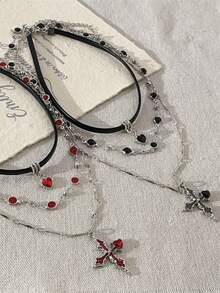 1 Set Sexy Chic Heart & Cross Pendant Necklace, Multi-Layer Chain Choker Necklace, Ideal Jewelry Gift For Women, Suitable For Daily Wear