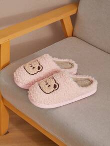 Couple's Cute Bear Design Warm Plush Slip-On Toe Cover Anti-Slip House Slippers, Suitable For Autumn/Winter