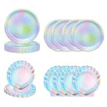 24 Piezas de Vajilla para Fiesta de Cumpleaños de Sirenas Set de Platos de Papel Desechables para Fiesta de Cumpleaños de Sirenas Productos para Fiestas en el Océano. - Pastel iridiscente multicolor - Ver 2