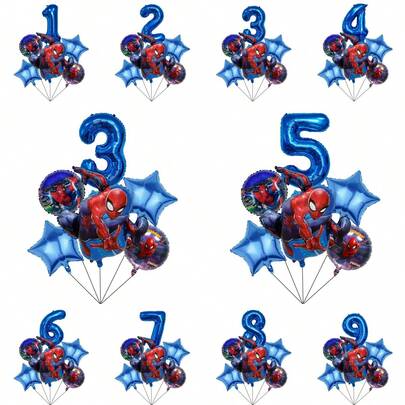 Disney Disney Authorized 1Set Cartoon Superhero Spider-Man Theme Birthday Party Balloon Decoration Set, Includes 32-Inch 1-9 Blue Number Foil Balloons, 18-Inch Blue Star Balloons, Round Jumping Spider-Man Pattern Foil Balloons, Large Cool Jumping Spider-Man Shape Foil Balloons, Suitable For Spider-Man Themed Birthday Party Decoration