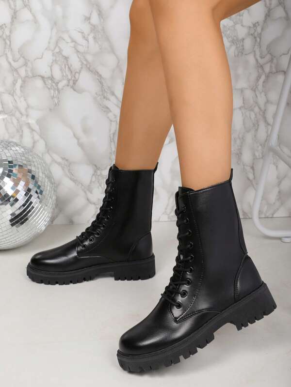 2025 New Spring/Autumn Boots For Women, British Style Thick Sole Short Boots, Lace-Up Casual Loose Comfortable Sweet & Cool Punk Side Zipper Lace-Up Metal Eyelet Boots