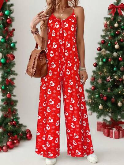 Damen Weihnachts-Lebkuchen-Muster Träger-Jumpsuit, festliche Weihnachts-Kekse Mode Lebkuchen-Muster Kleidung, ideal für Feierlichkeiten und Lässig, Must-Have Winter Outfit, stilvolle Weihnachts-Kleidung, Mode Weihnachts-Kleidung, Lässig Herbst Damen Kleidung