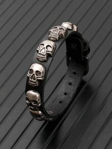 1pc Punk Skull Vintage Leather Bracelet, Casual Daily Wear For Men