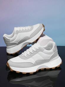 Men's Breathable Leather Casual Sneakers, Fashion Athleisure Shoes, Running Shoes, Chunky Sneakers, Autumn/Winter - White - View 1