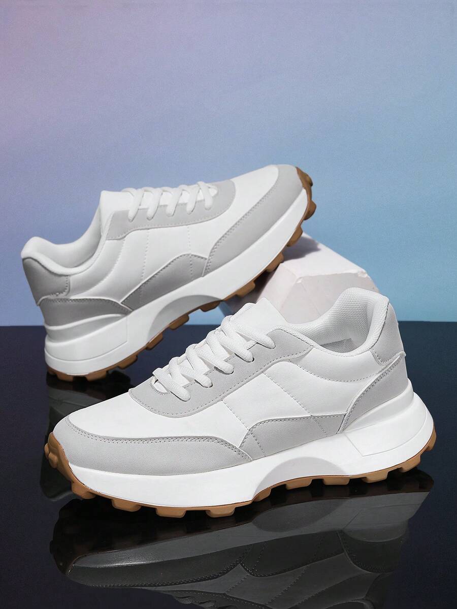 Men's Breathable Leather Casual Sneakers, Fashion Athleisure Shoes, Running Shoes, Chunky Sneakers, Autumn/Winter - White - View 1