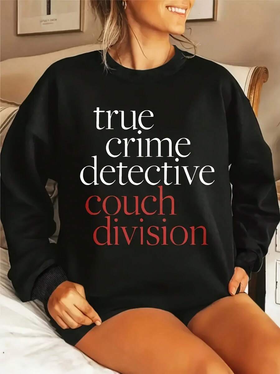 Simple And Monotonous Cartoon Text Interesting Print Soft Cozy Pullover Sweatshirt WithCrewneck Sweatshirt , Long Sleeves,  Plus Size Crewneck Sweatshirt , Cartoon Character Design For Cozy, Fall/Winter Casual Wear For Women. - 黑色9 - 查看 1