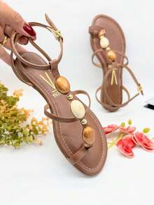 Sandália Rasteira Vizzano Feminino Adorno Pedraria Calf Confortável - Mocca - Visão 4