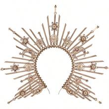 YP Sunburst Spike Sun Crown - Moon Star Greek Godd Sier Halo Headband With Tassel Virgin Mary Headpiece For Women - BWhite - 查看 2