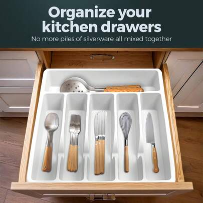 1-częściowy organizer na sztućce do szuflady kuchennej z przegrodą i pokrywką, plastikowe pudełko do przechowywania sztućców, wbudowany schowek na nóż, widelec i pałeczki do szafki domowej, organizer na przybory kuchenne, tacka oddzielająca nóż, widelec i łyżkę do szuflady