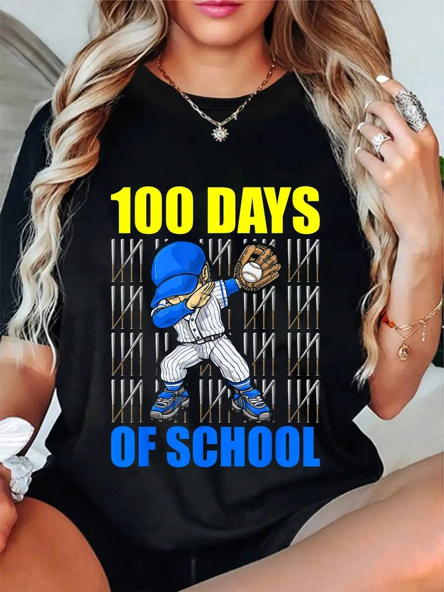 100% Cotone Maglietta da baseball per il 100° giorno di scuola, adatta sia per donne che per uomini, per le vacanze estive, morbida, con vestibilità rilassata e comfort classico - nero - Visualizzare 1