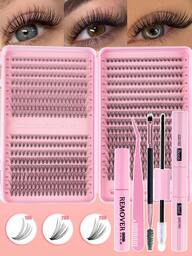 Set di extension per ciglie 608 pezzi, D-Curl, combinazioni 30D+40D/60D+80D, lunghezze 10-16mm, ciglie morbide e naturali, include ombretti, colla, sigillante, pinzette e pennello, adatto per principianti, grande capacità