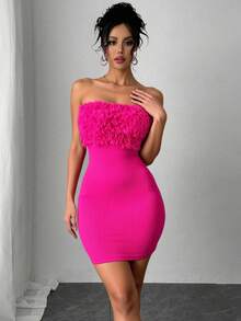 Vestido mini de cóctel sexy rosa sin tirantes y ajustado con detalle de piel sintética para mujer - Rosa Fucsia - Ver 4