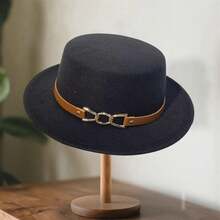 Sombrero Fedora de mujer para otoño e invierno, moderno, con hebilla y cinturón, de lana, estilo jazz, ideal para fotografía. - Negro - Ver 2