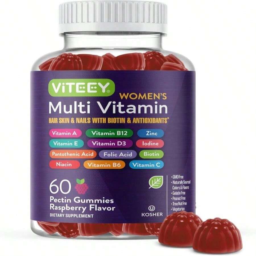 Viteey Womens Multivitamin Gummies - Immune Support - 12 In 1 Essential Vitamins &Amp; Minerals - Vitamin A, C, D3, E, B6, B12, Folic Acid, Biotin, Calcium, Zinc &Amp; More - Vegetarian - Raspberry Flavored - Tên hương vịA - Xem 1