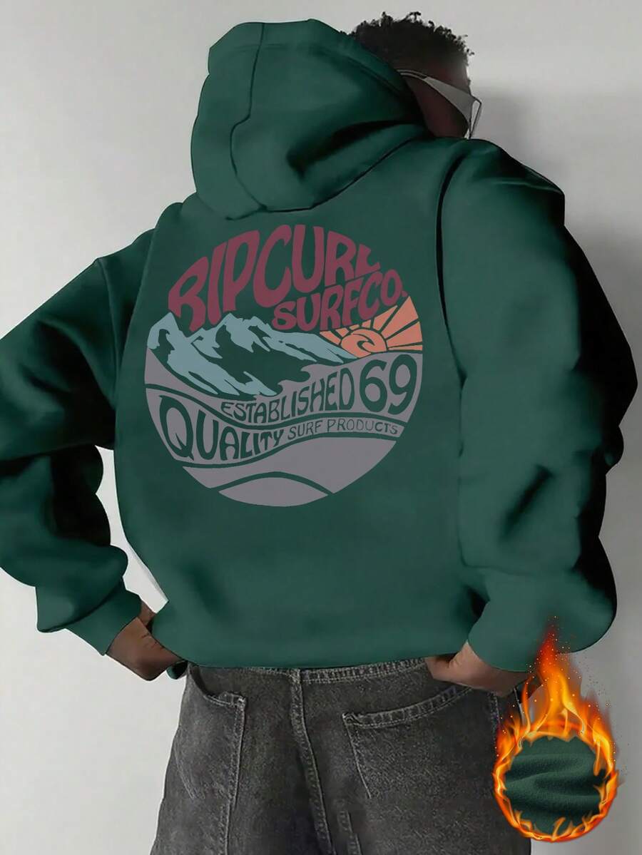 Men's Casual Street Vintage Surfing Culture Print Fleece Hoodie, Autumn/Winter - Green - View 1