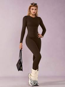 1 Set Women Elastic Tight Fit Thermal Lined Lifting Waist Long Sleeve Pants Sports Suit - Brown - View 9