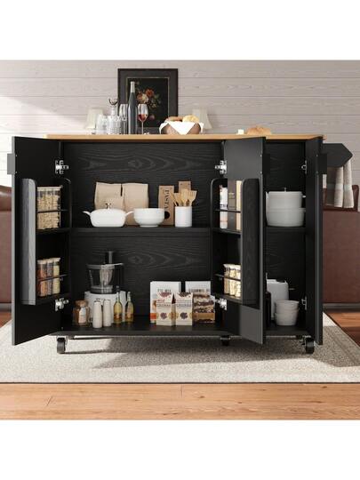 Kitchen Trolley Towel Rail, Spice Rack Adjustable Dividers, Mobile Isl Wheels Doors, Buffet, Trolley, Ideal Dining Room view 3