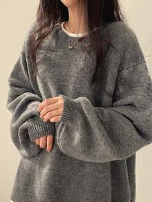 EAVA Fall/Winter Korean Style Minimalist Sweater Round Neck, Elegant Loose Fit Versatile Bell Sleeves Side Slit Pullover Knitwear For Women