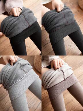 1pc 120G/200G/300G Vertical Striped Solid Color Thermal Lined Tights, Thick Warm Compression Leggings For Autumn/Winter, Suitable For -5°C~25°C