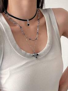 1 Set Sexy Chic Heart & Cross Pendant Necklace, Multi-Layer Chain Choker Necklace, Ideal Jewelry Gift For Women, Suitable For Daily Wear