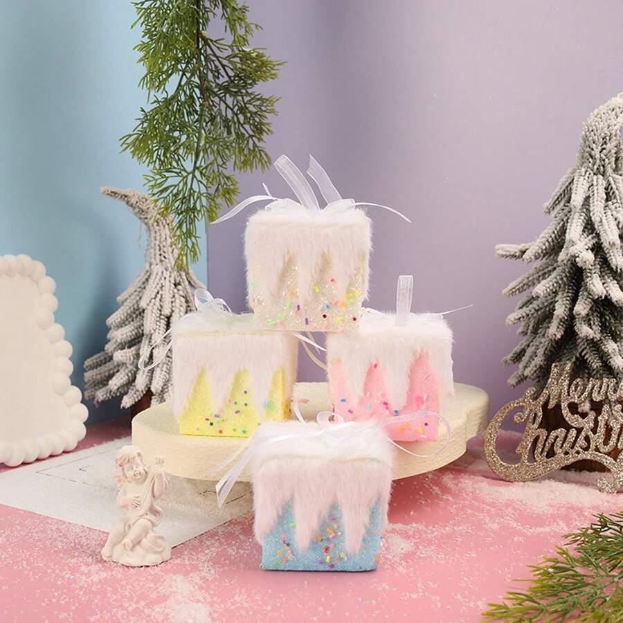 3/6pcs New Christmas Tree Decor Foam Gift Package Hanging Ornaments, Macaron Colors Glitter 7cm Christmas Gift Box Creative Props Hanging Ornaments, Christmas Decorations