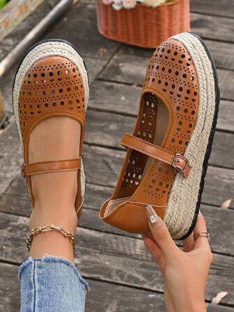 Bohemian Hollow-Out Vacation Thick-Soled Mary Jane Brown Platform Wedge Sandals With One-Strap & Rope Sole, Casual Fisherman Loafers For Women