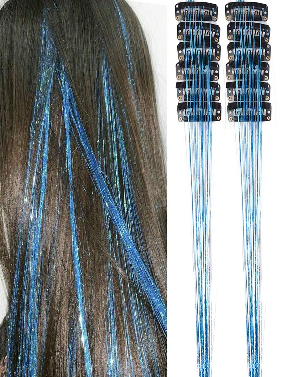 12 peças de extensões de cabelo sintético liso médio com presilha, ideal para festas e Natal. Extensões de cabelo loiro com fio metálico, 12 peças por pacote, 50 cm (20 polegadas) com glitter colorido, perfeitas para presentear em festas e ocasiões especiais. Acessórios de cabelo deslumbrantes para festas e ocasiões especiais.