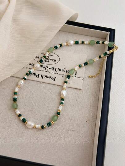 1 Stück Natürliche Süßwasserperlen & Grüner Türkis Perlenkette, elegant für den täglichen Gebrauch & Urlaubsoutfit von Frauen, Schmuckgeschenk